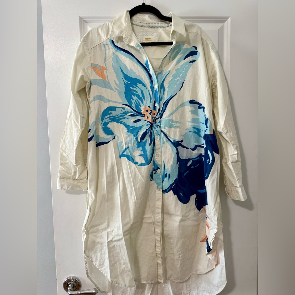 Anthropologie Cream and Blue Floral Tunic